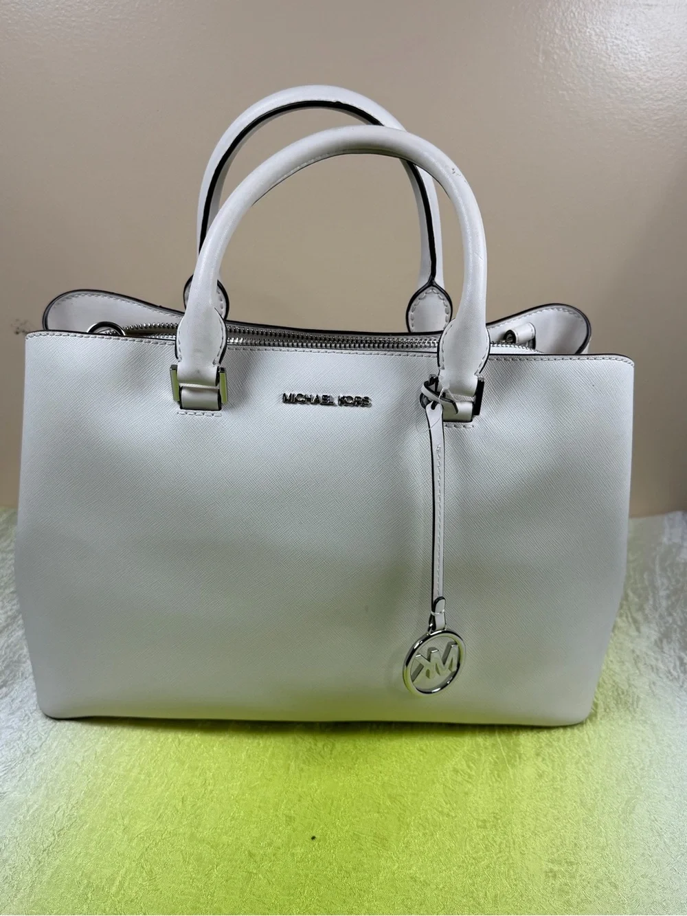 Michael Kors White Saffiano Satchel with Logo Charm